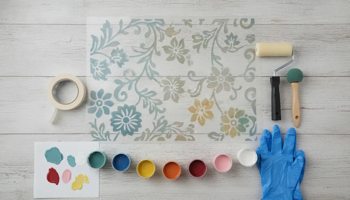 Materiali e strumenti per pittura stencil su pareti: rullo decorativo, pennello spugna, nastro adesivo e vernice acrilica