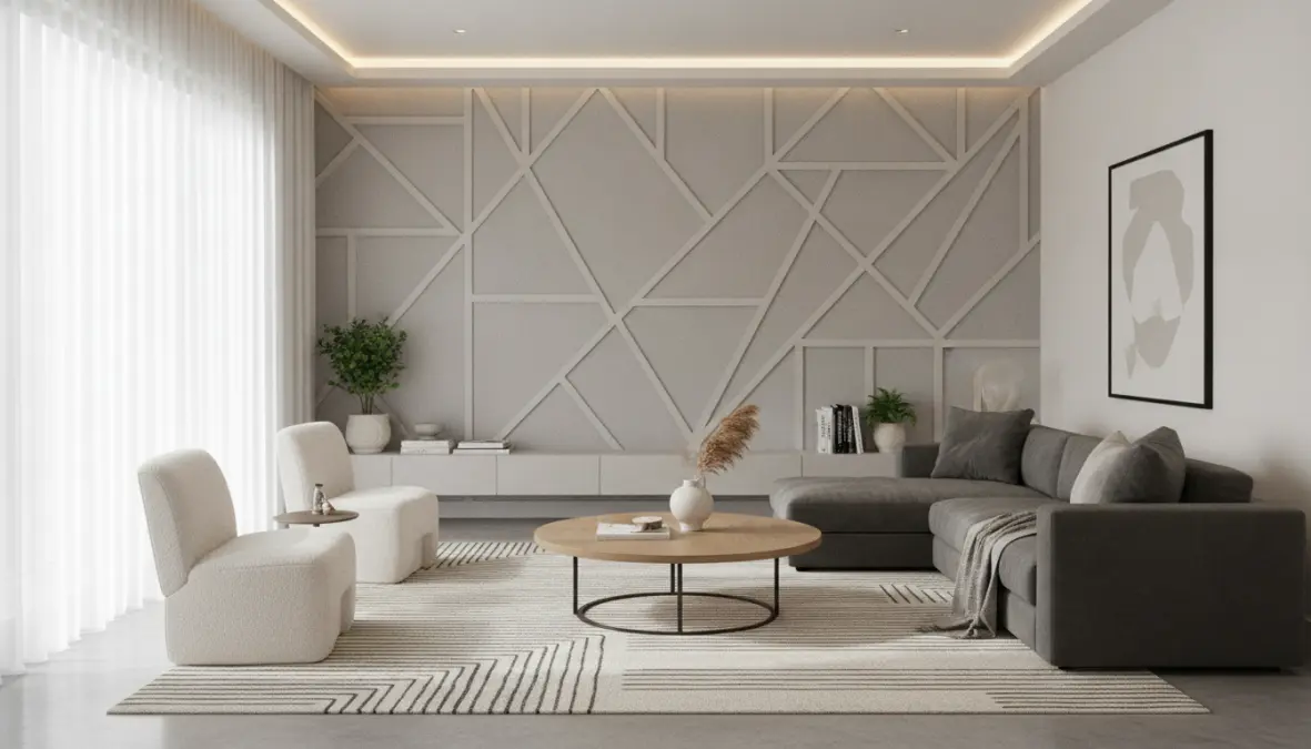 Soggiorno moderno con parete decorata usando stencil geometrici, esempio di decorazioni murali eleganti