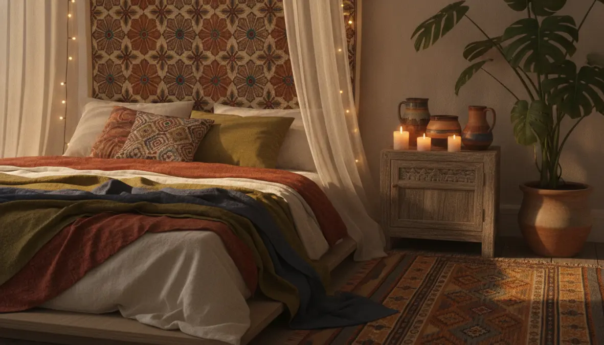 Camera da letto stile bohémien con letto basso, baldacchino e piante da interno