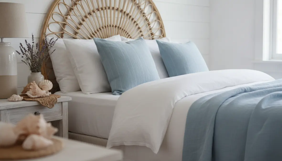 Camera da letto stile coastal con biancheria in lino, testiera in rattan e decorazioni marine naturali