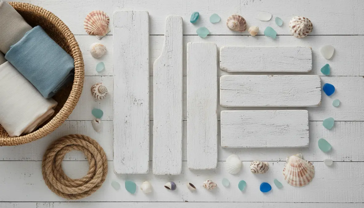 Materiali naturali per arredamento coastal: legno sbiancato, tessuti in lino, corde nautiche e conchiglie