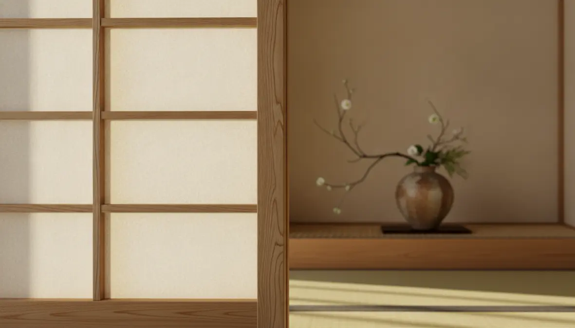 Dettaglio di pannelli shoji e elementi tradizionali dell'arredamento giapponese con tatami e tokonoma