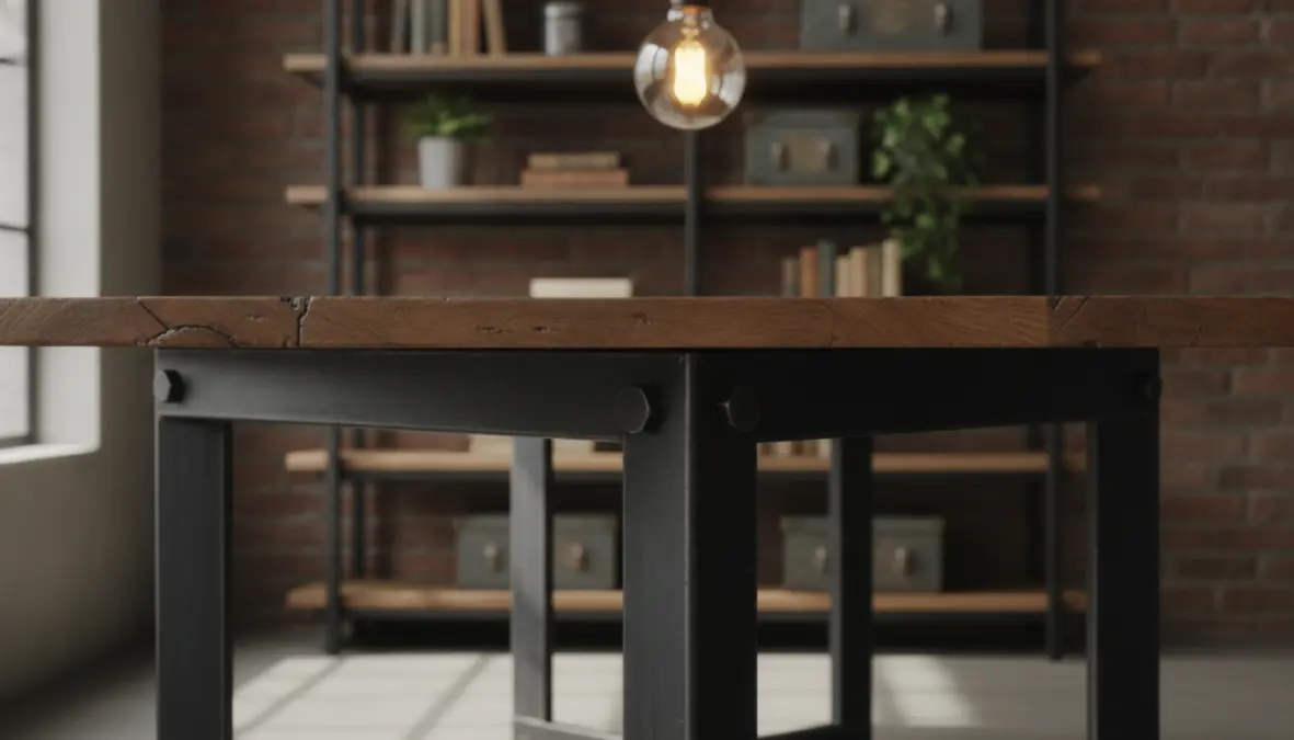 Tavolo in legno grezzo e metallo nero stile industriale con lampada a sospensione