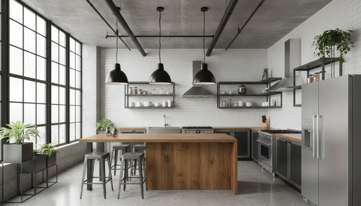 Cucina stile industriale con tubi a vista, mensole in metallo e illuminazione industrial
