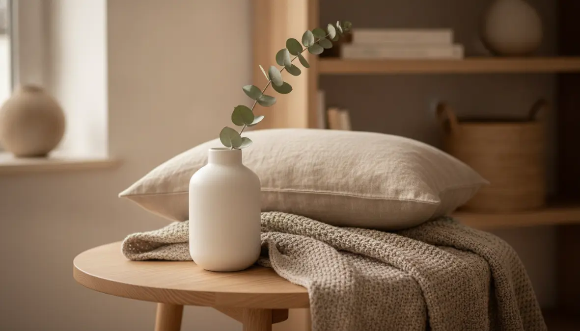Dettaglio mobili scandinavi in legno chiaro con tessuti naturali e palette neutra