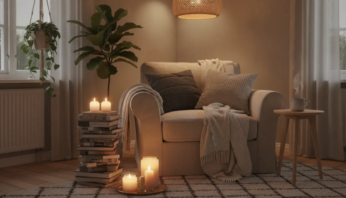 Angolo lettura accogliente in stile nordico con plaid, candele e atmosfera hygge