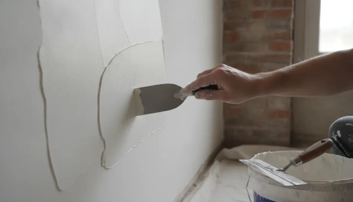 Applicazione dello stucco veneziano con spatola professionale durante la lavorazione