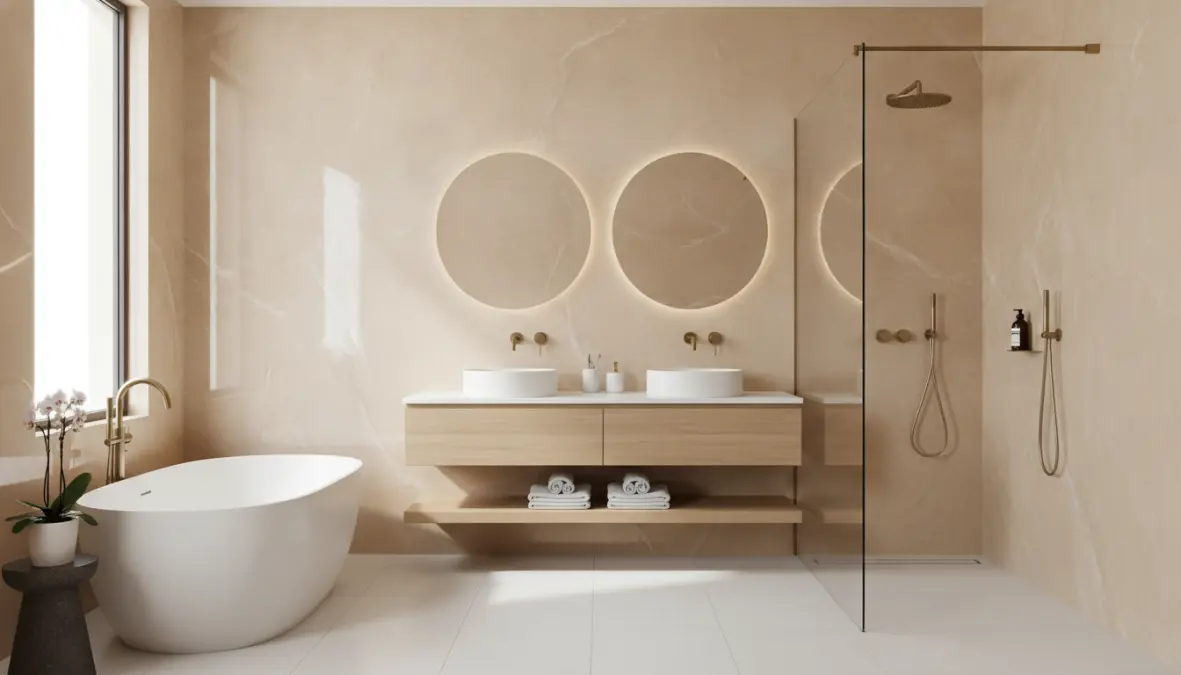 Bagno moderno con pareti rifinite in stucco veneziano lucido effetto decorativo