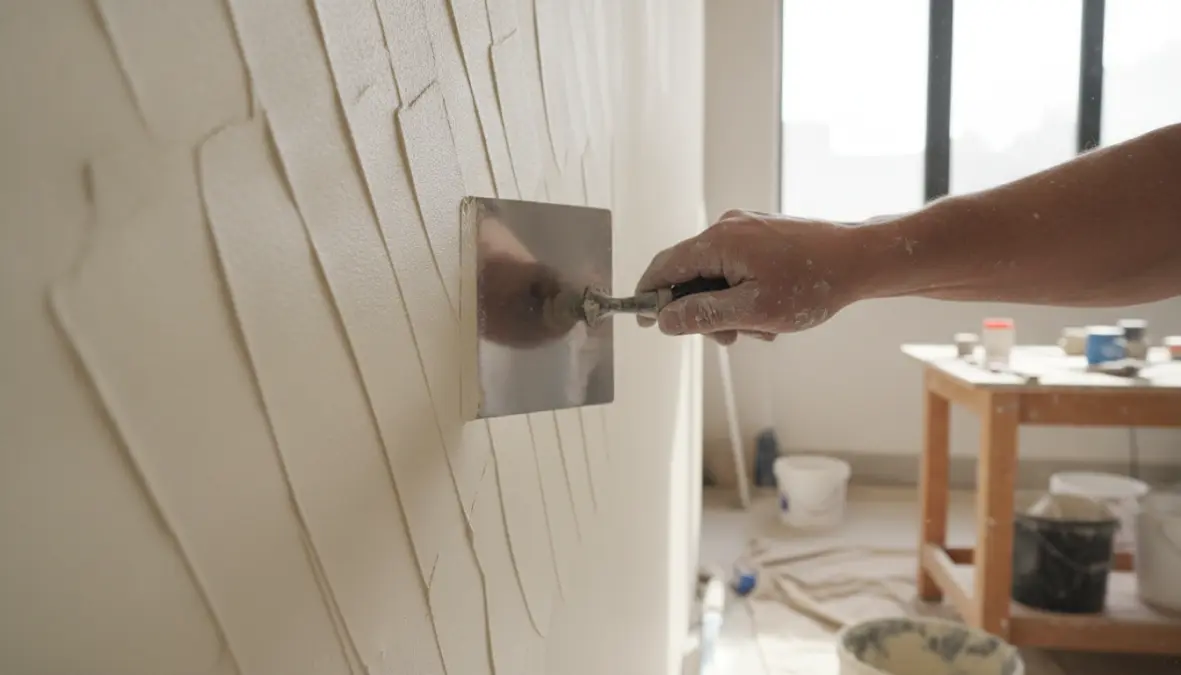 Applicazione dello stucco veneziano con spatola in acciaio su parete, tecnica professionale