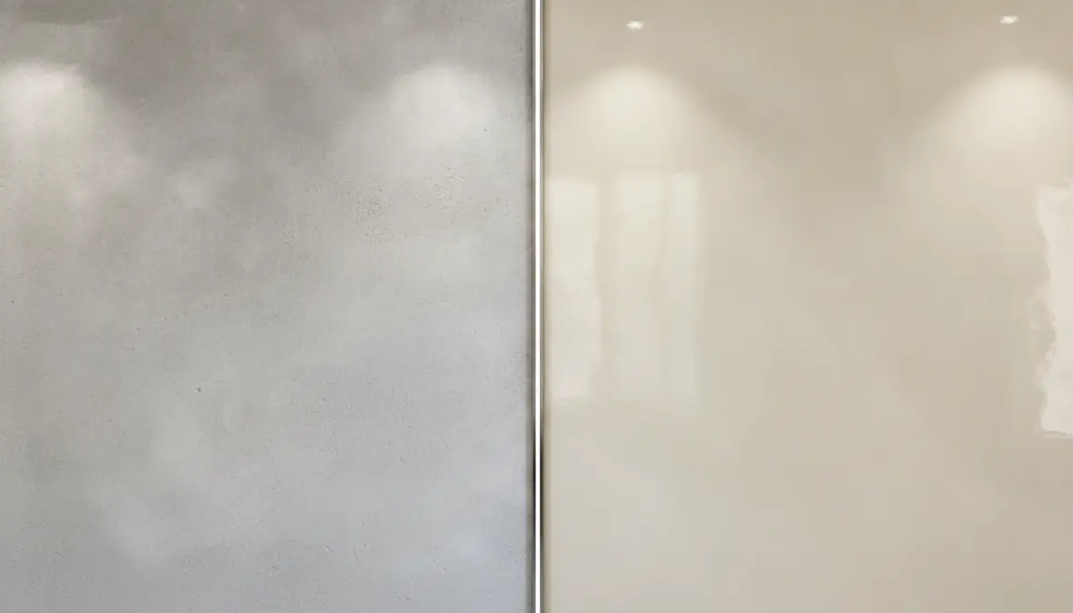 Confronto tra parete preparata e finitura lucida in stucco veneziano completata