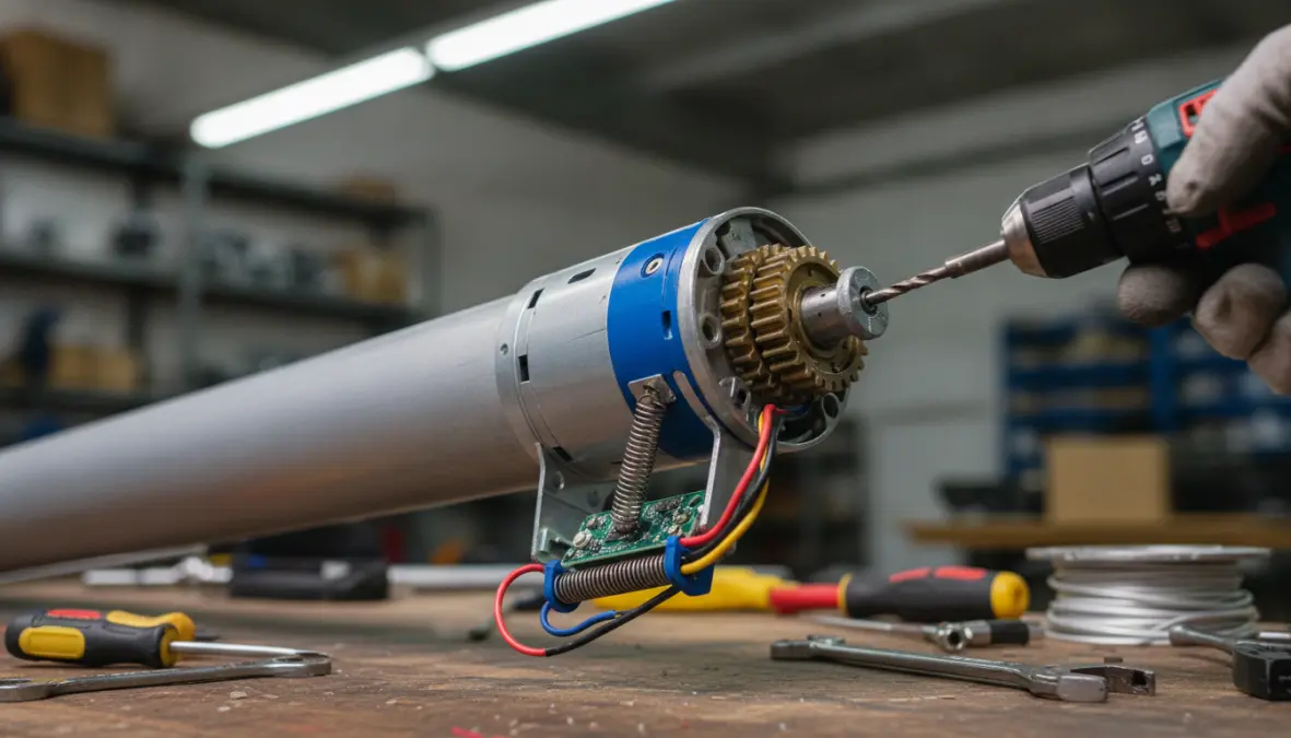 Dettaglio del motore tubolare per tapparelle durante l'installazione con centralina e componenti elettrici