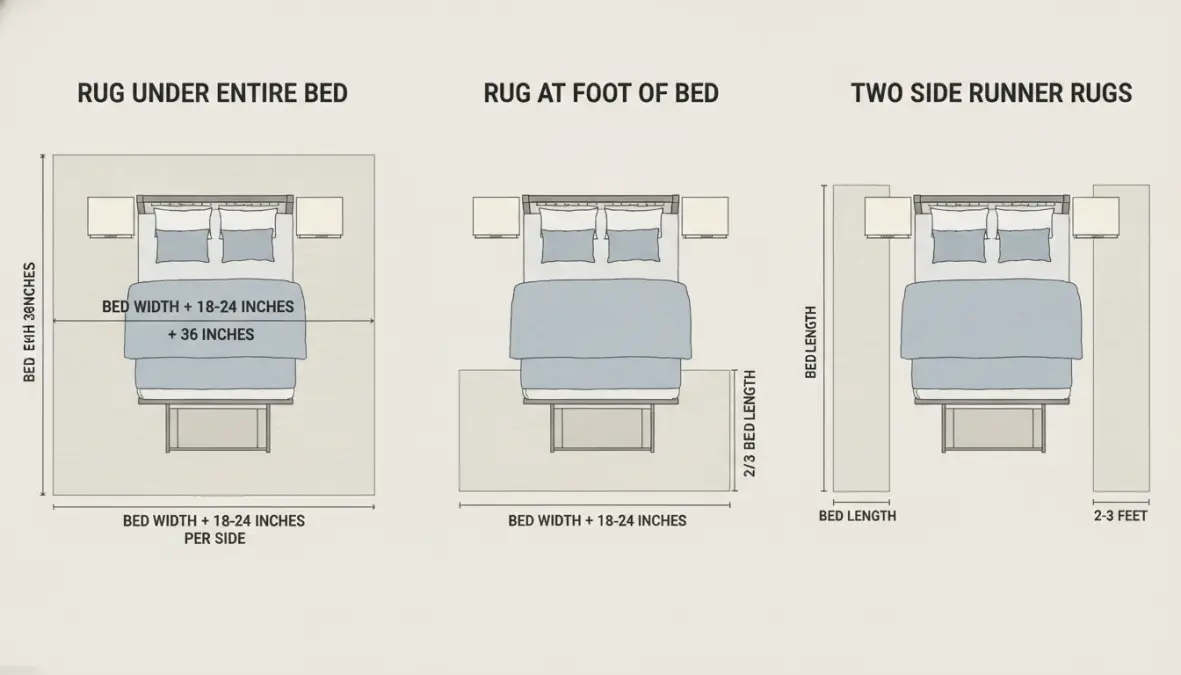 Configurazioni posizionamento tappeto sotto letto e accanto al letto in camera matrimoniale