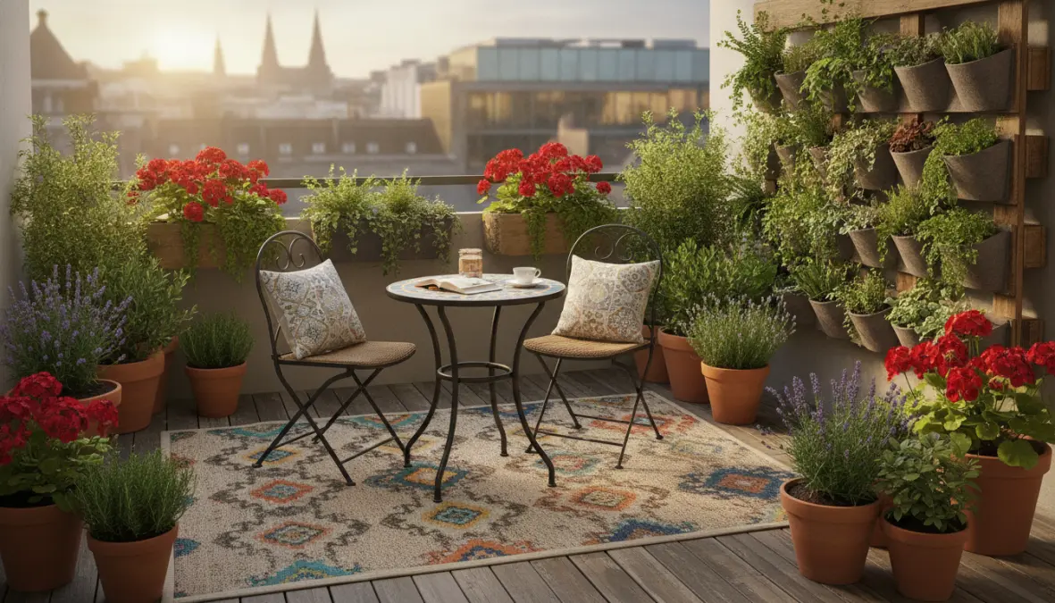 Tappeto per balcone outdoor su piccolo terrazzo urbano con arredi e piante