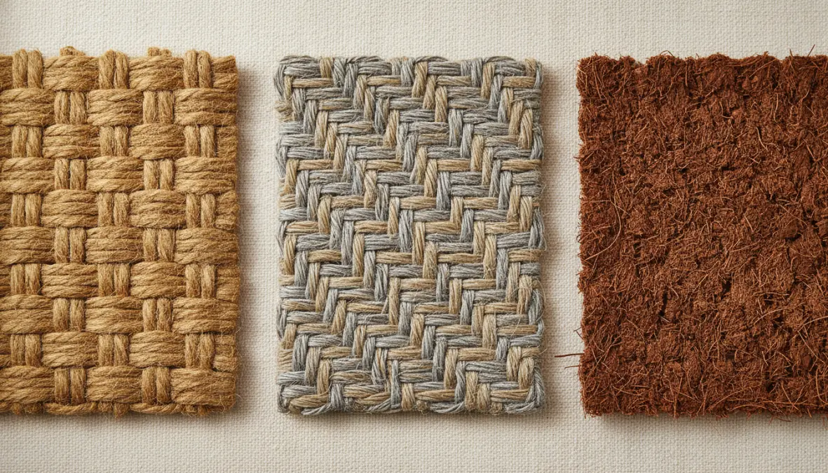 Confronto texture tappeto juta sisal e cocco fibre vegetali naturali dettaglio