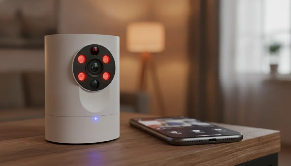 Telecamera wifi interno con visione notturna infrarossi e app controllo remoto su smartphone