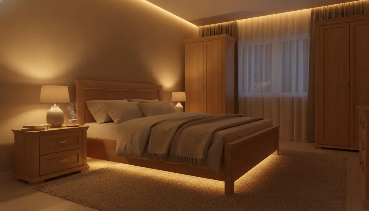 Camera da letto illuminata con luce calda LED 3000K che crea atmosfera accogliente