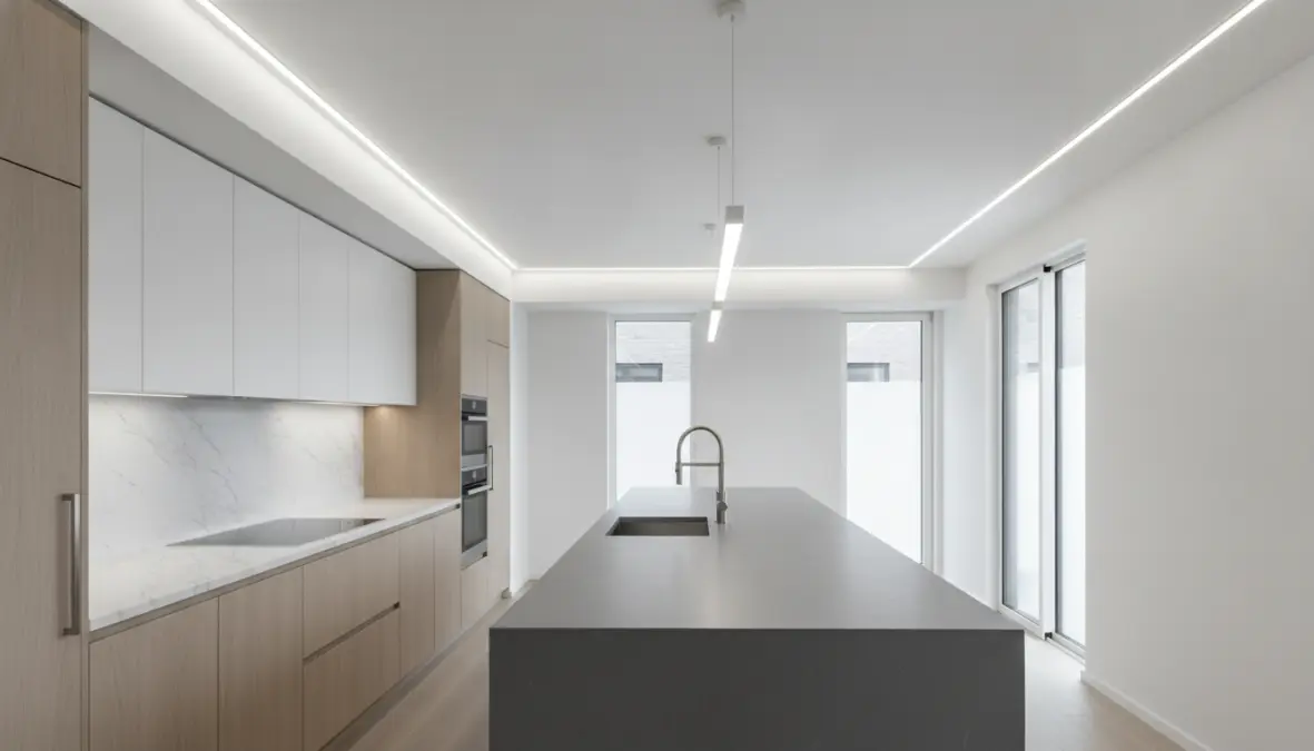 Cucina moderna con illuminazione LED neutra 4000K per perfetta resa cromatica