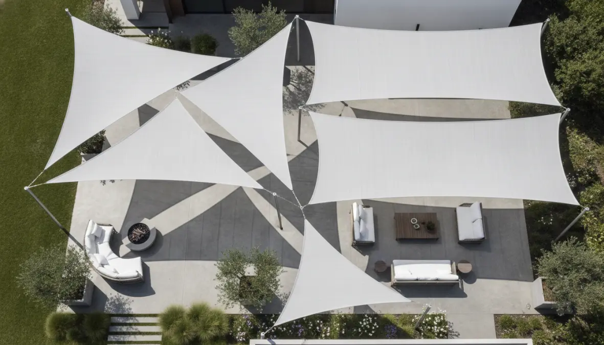 Diverse configurazioni di tende vela triangolari e rettangolari in giardino con zone d'ombra