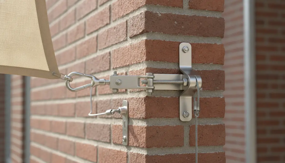 Sistema di fissaggio e tensionamento per installazione tenda vela con moschettoni in acciaio