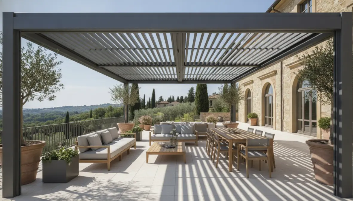 Pergotenda impermeabile motorizzata con copertura completa per terrazzo grande