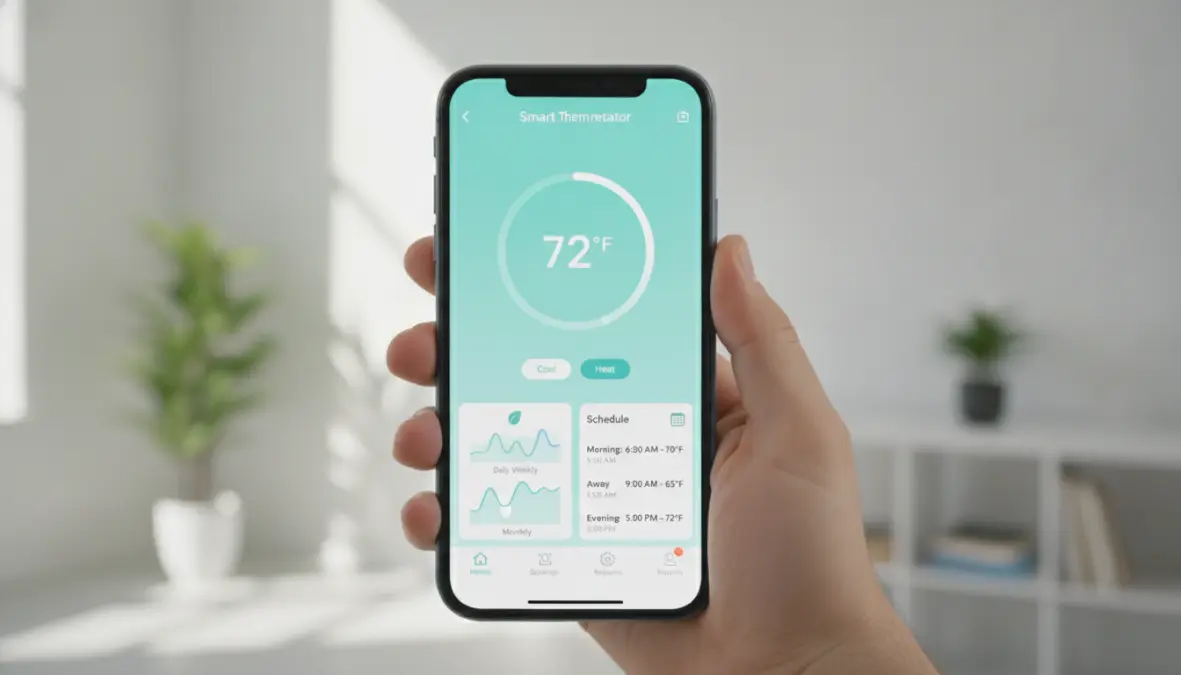 App mobile per termostato smart con controllo remoto temperatura e statistiche risparmio energetico