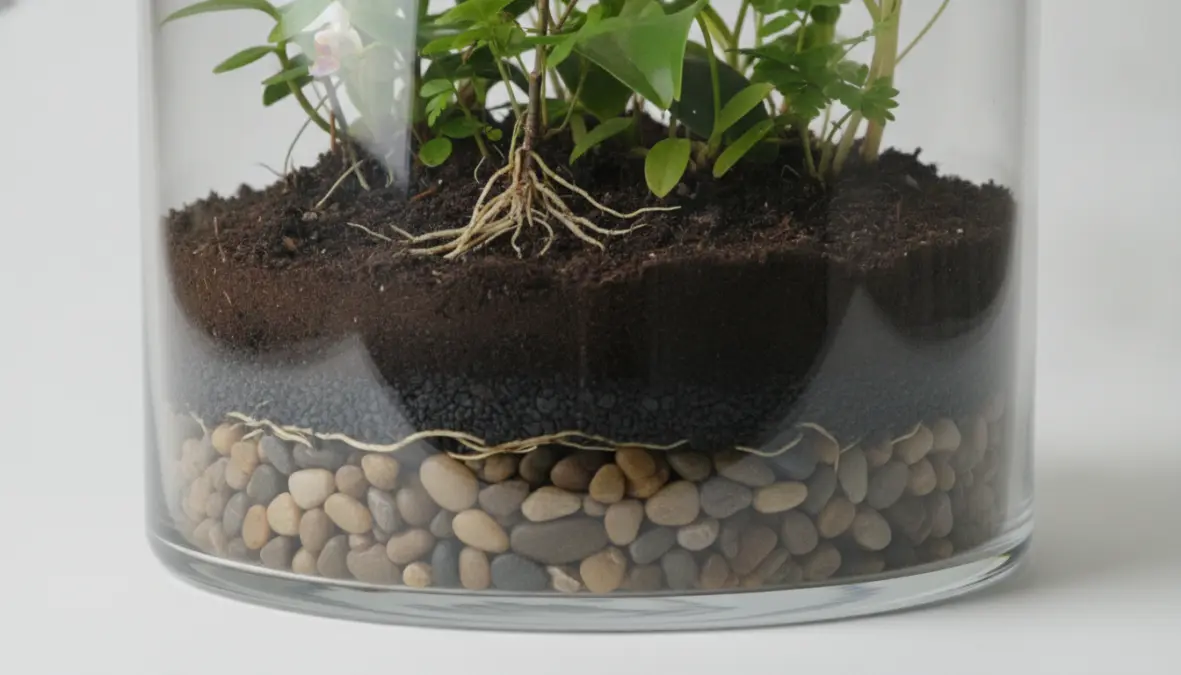 Stratificazione interna terrario vetro con drenaggio, carbone attivo e substrato per piante