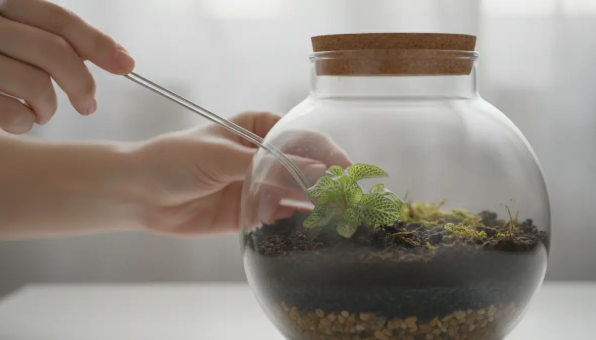 Come piantare le piante per terrario chiuso con pinzette in barattolo di vetro