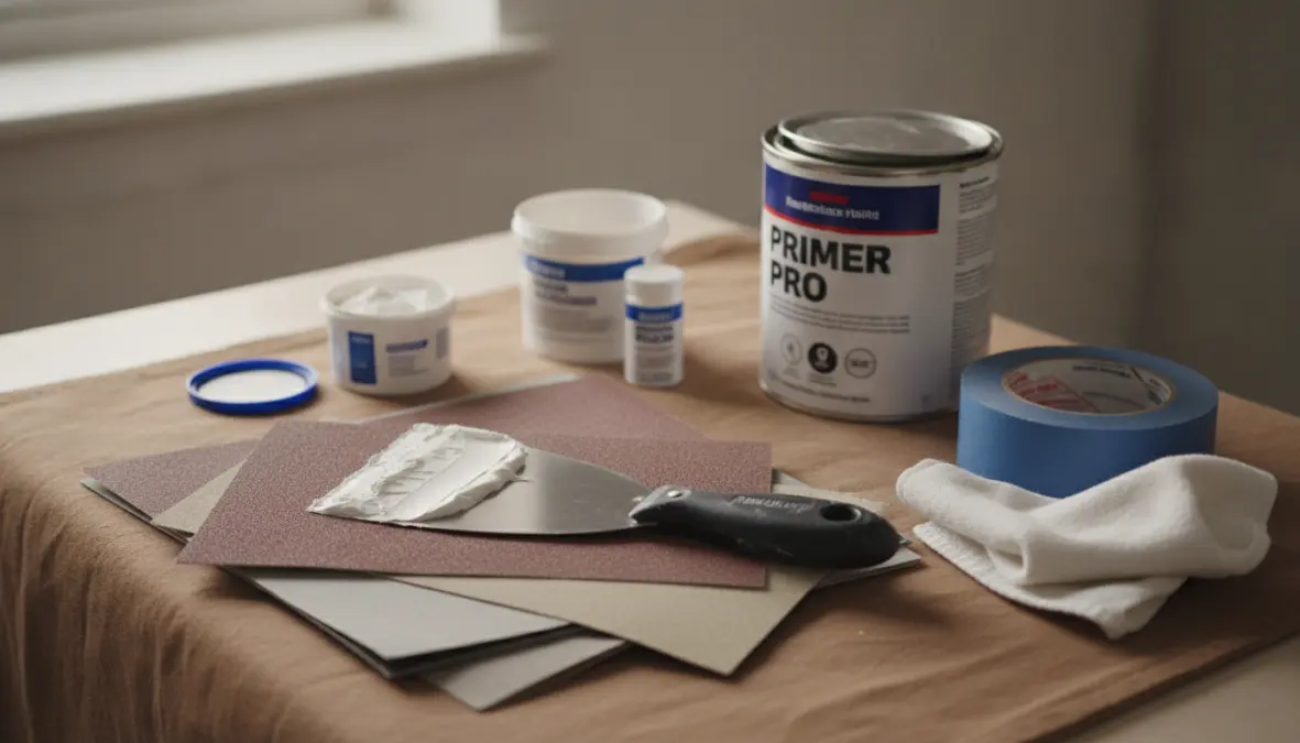Strumenti e materiali per la preparazione pareti per tinteggiatura: stucco, carta vetrata e primer