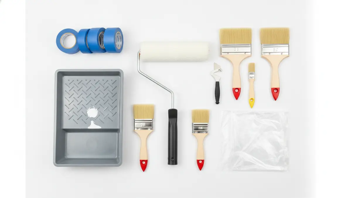 Set completo di strumenti per tinteggiare casa: rullo, pennelli, vaschetta e accessori
