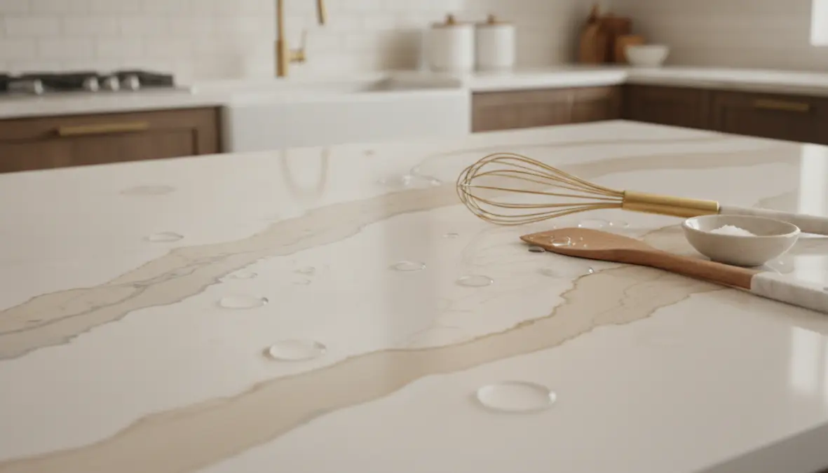 Piano cucina in quarzo con superficie resistente antimacchia ed eleganti venature naturali