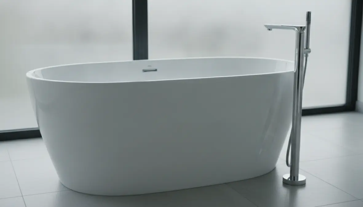 Dettaglio vasca freestanding ovale bianca con rubinetteria freestanding a terra