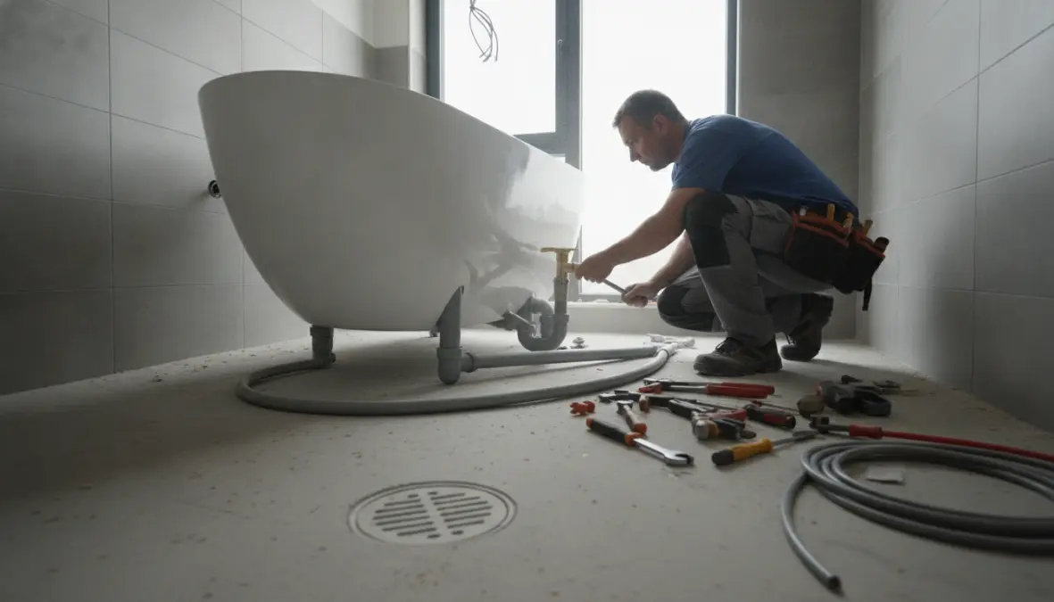 Installazione professionale di una vasca freestanding con collegamenti idraulici
