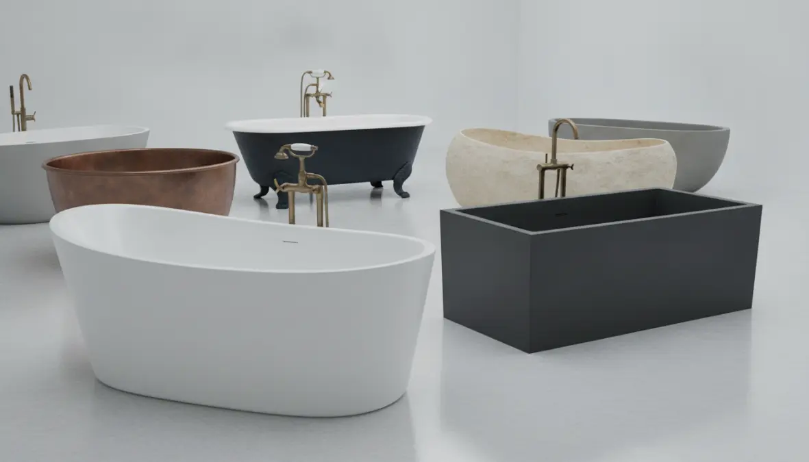 Diversi modelli di vasche freestanding: ovale, rettangolare, con piedini e design moderno
