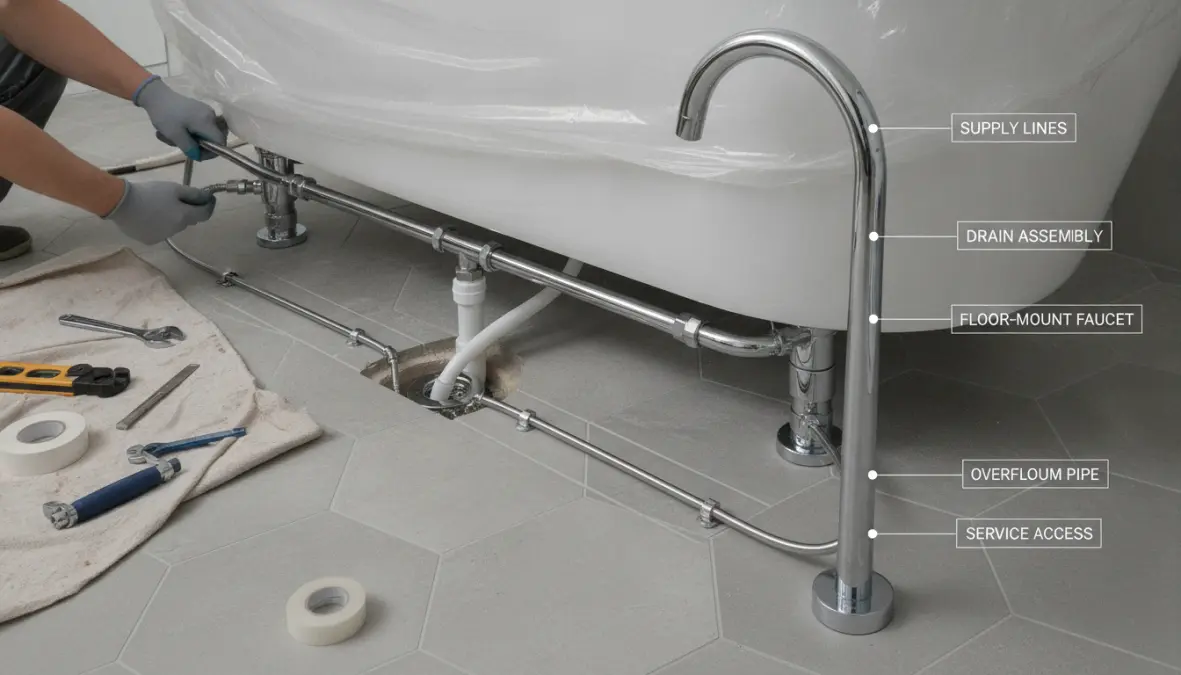 Installazione vasca freestanding con collegamento scarico e rubinetteria a pavimento