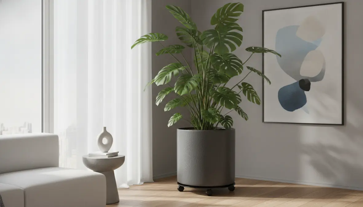 Vaso grande da interno con monstera in soggiorno moderno con portavaso su ruote