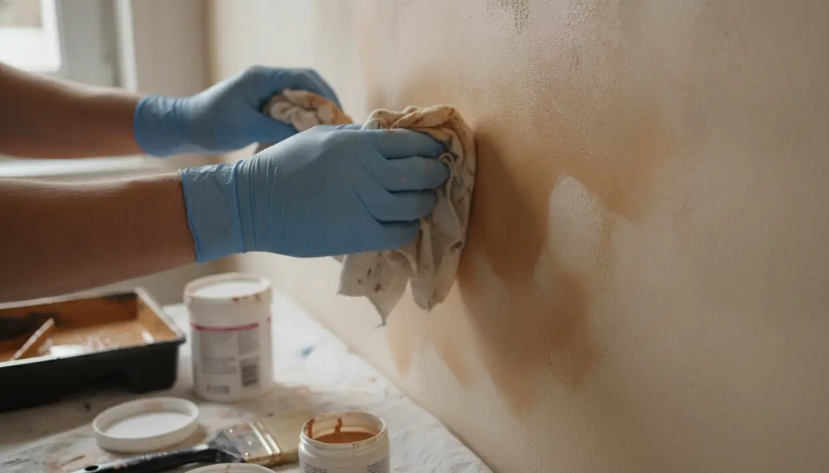 Applicazione della tecnica velatura pareti con straccio per creare effetto sfumato decorativo