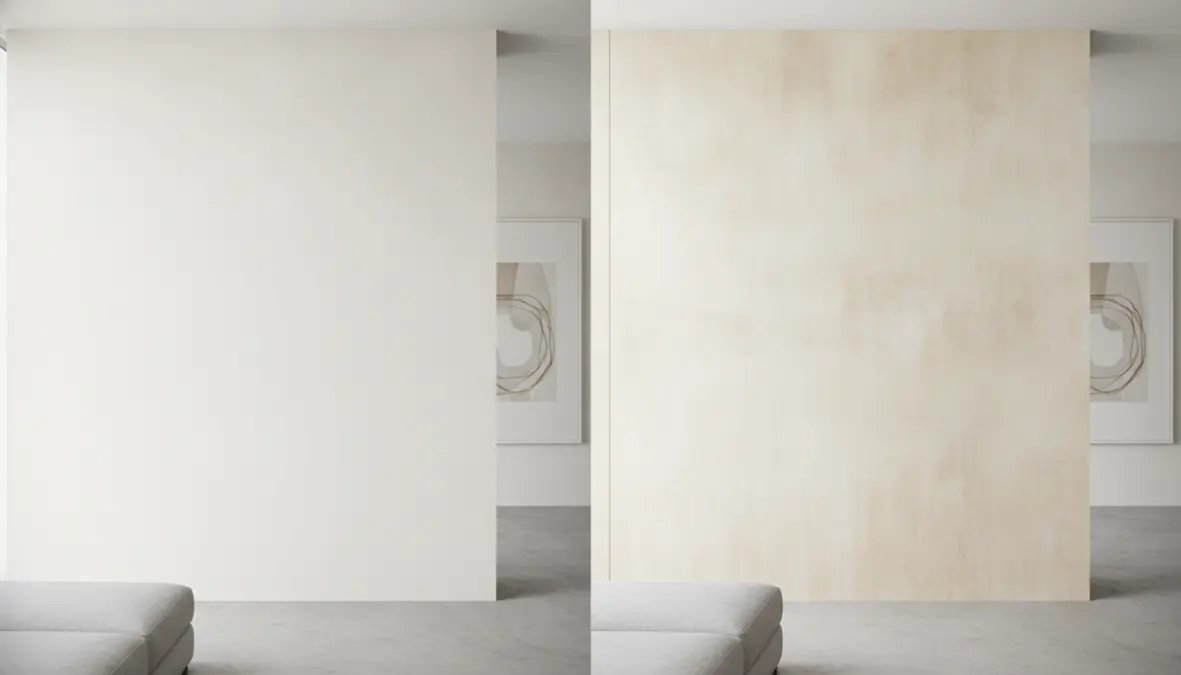 Confronto tra parete con pittura tradizionale e parete con velatura che mostra l'effetto decorativo tridimensionale