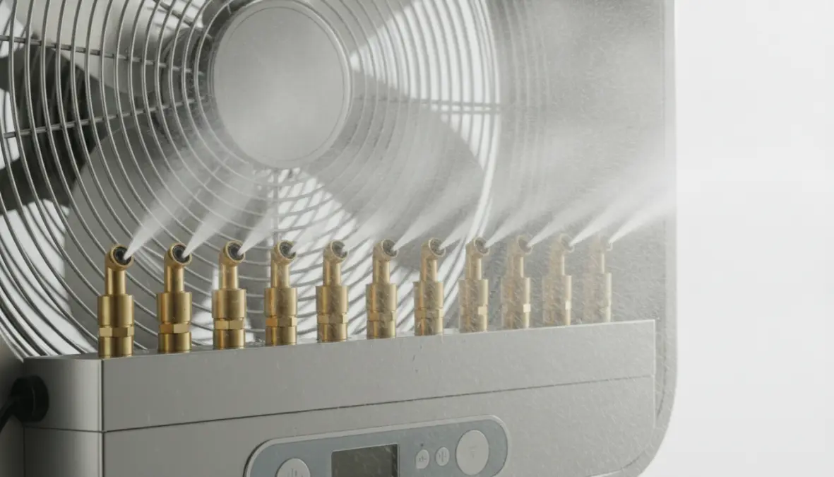 Dettaglio ugelli nebulizzatori di un ventilatore con nebbia in azione