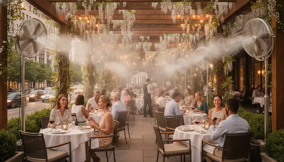 Dehors ristorante con ventilatori nebulizzatori per rinfrescare spazi esterni