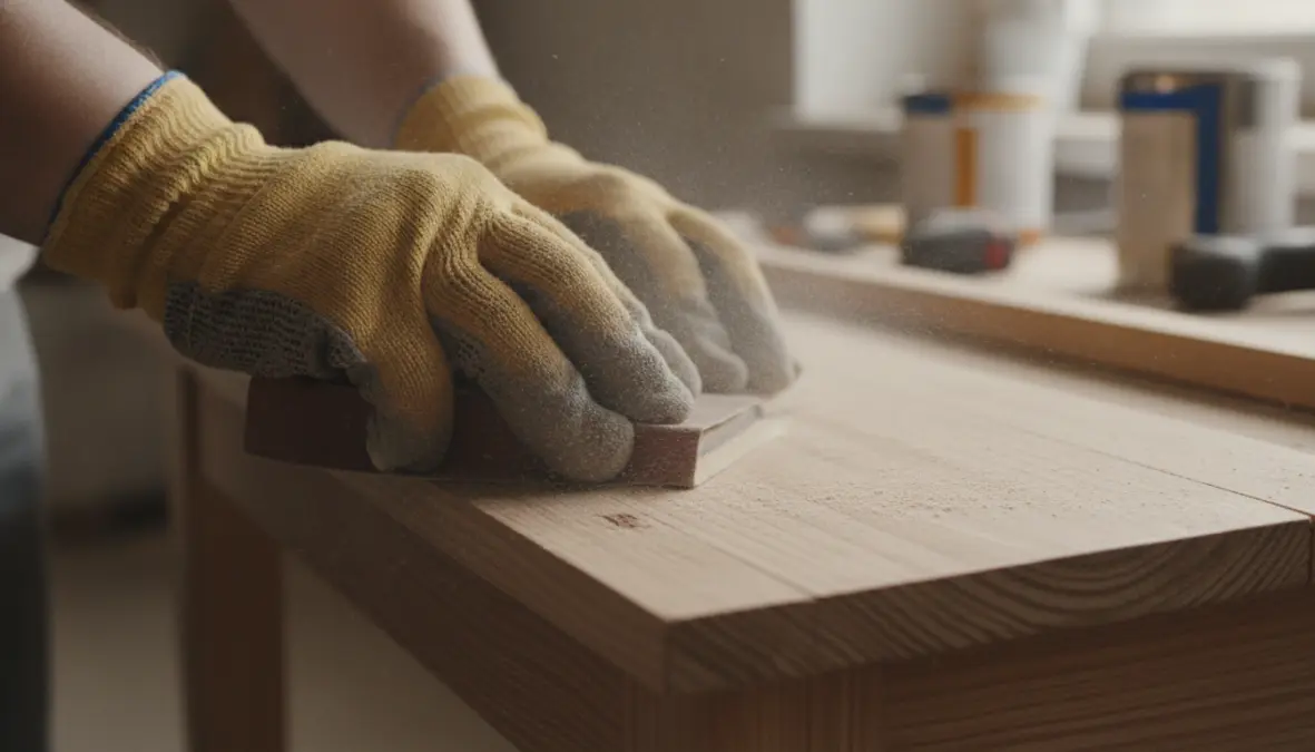 Carteggiatura del mobile in legno prima della verniciatura per preparare la superficie