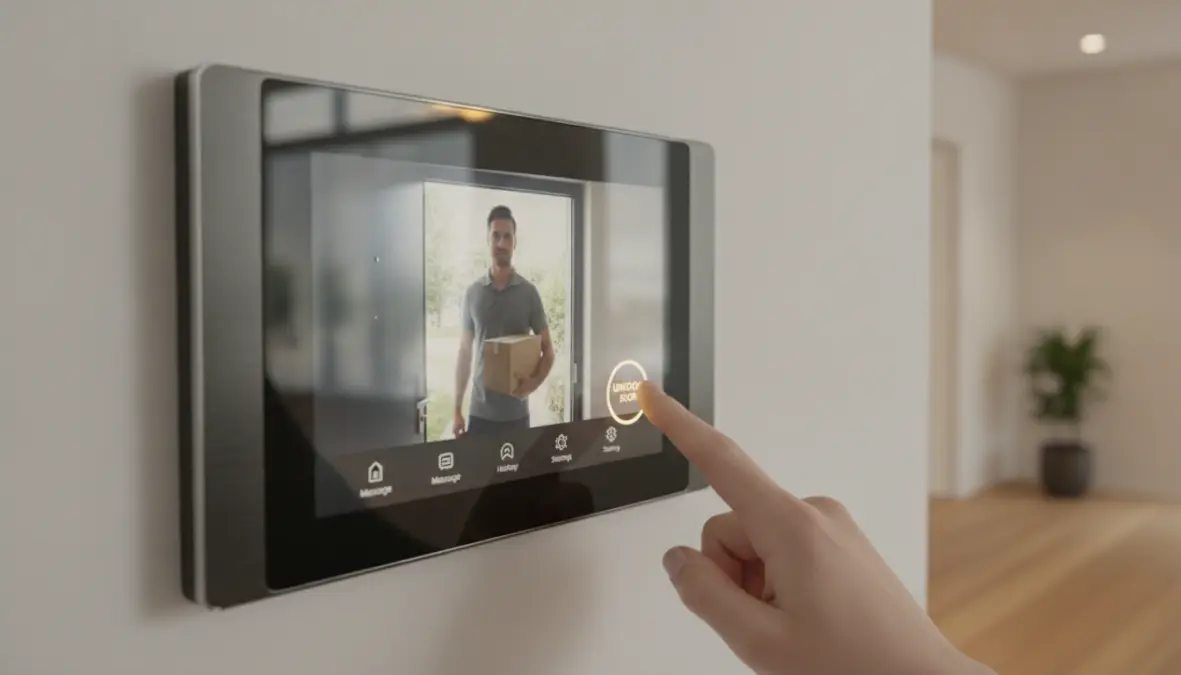 Schermo touchscreen di videocitofono intelligente che mostra la telecamera integrata con visitatore alla porta